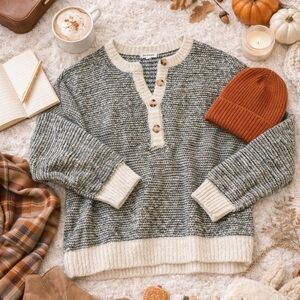 Blu Pepper Buttoned Crew Neck Sweater - Cream and Gray